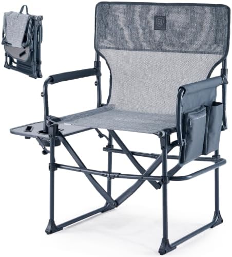 EVER ADVANCED Camping Directors' Chair with Side Table, Portable Folding with Compact Size, Breathable & Quick Dry Design Heavy Duty Lawn Chair with Pocket, 400lbs, Elastic Mesh, Grey
