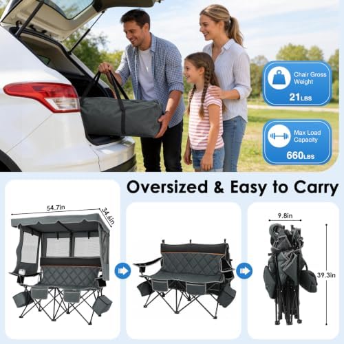 Suteck Double Camping Chair with Canopy, 660lbs Folding Loveseat with Shade