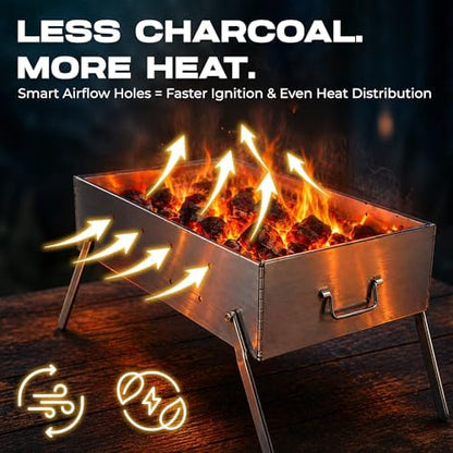 TSG Portable Stainless Steel Mangal Charcoal Grill For Shish Kebab, Steaks, Burgers | 20X12Inch| Includes 6 Skewers, 2 Tongs & Carry Bag | Foldable & Rustproof for Outdoor Cooking | Serves 8-12 People