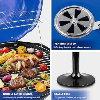 Electric Grill, Techwood Indoor/Outdoor Electric BBQ Grill, 1600W Portable Removable Stand Grill with Adjustable Heat & Drip Tray, Double Layer Design for Party, Patio & Backyard (Blue)