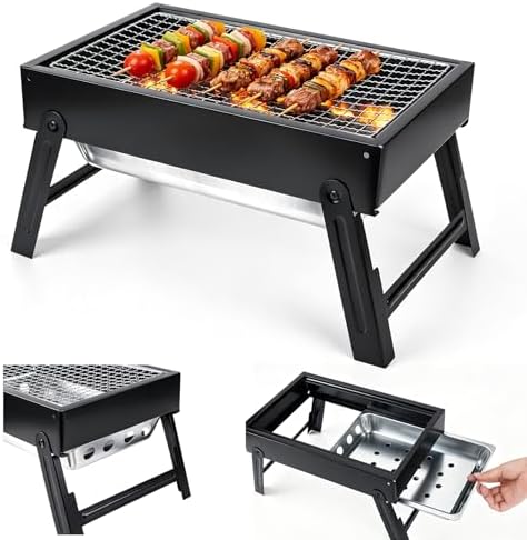 Portable Folding Charcoal Grills, 13.7“x8.7"7.5" Small Camping Campfire Grill, Barbecue Grill for Outdoor Travel Backyard Picnic Beach, with 8-Piece BBQ Accessories