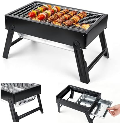 Portable Folding Charcoal Grills, 13.7“x8.7"7.5" Small Camping Campfire Grill, Barbecue Grill for Outdoor Travel Backyard Picnic Beach, with 8-Piece BBQ Accessories