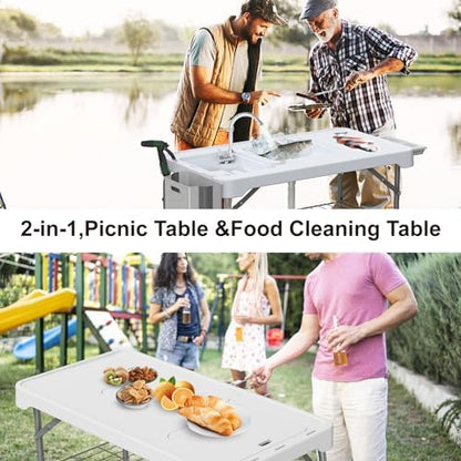 42.5" Fish Cleaning Table with Dual Sink, Portable Folding Camping Table with Faucet, Sprayer, Grid Rack, Hose Hook Up & Knife Groove, Outdoor Sink Station for Picnic Beach Patio