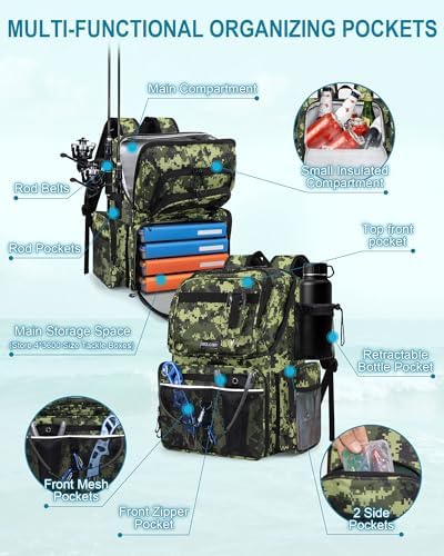 HXLGMD Fishing Backpack with Rod Holders, 43L Large Water Resistant Tackle Bag Storage Gear and Equipment with Cooler for Men Fishing, Camping, Hiking, Green