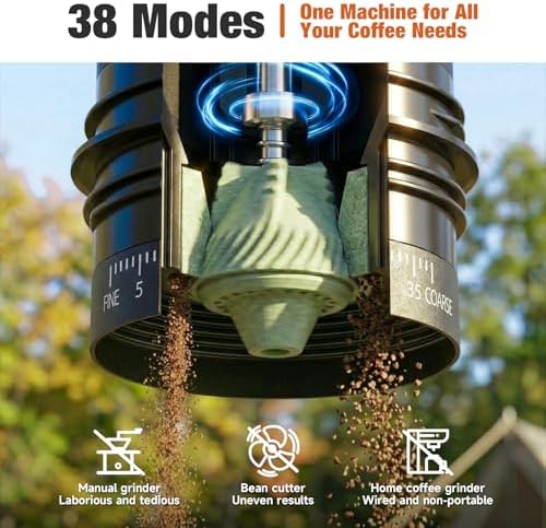 2-in-1 Portable Electric Burr Coffee Grinder - Grind & Brew, 38 Adjustable Settings, Ceramic Alloy Burrs, Rechargeable, with Cups, Filter & Lid for Home, Travel & Camping