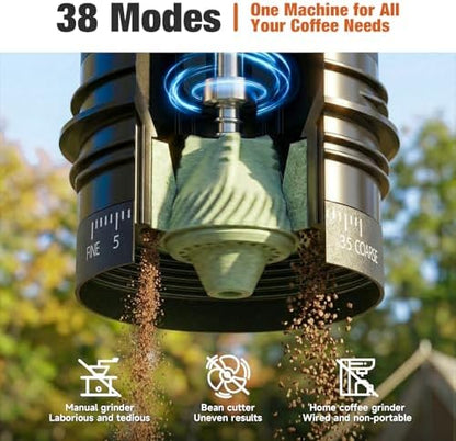 2-in-1 Portable Electric Burr Coffee Grinder - Grind & Brew, 38 Adjustable Settings, Ceramic Alloy Burrs, Rechargeable, with Cups, Filter & Lid for Home, Travel & Camping