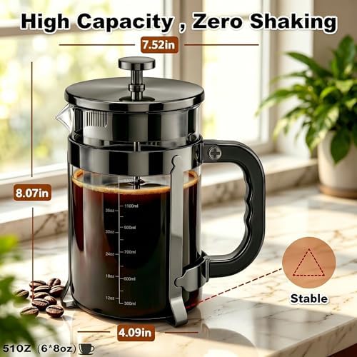 QUQIYSO French Press 51oz,Large French Press Thickened Glass Coffee Press