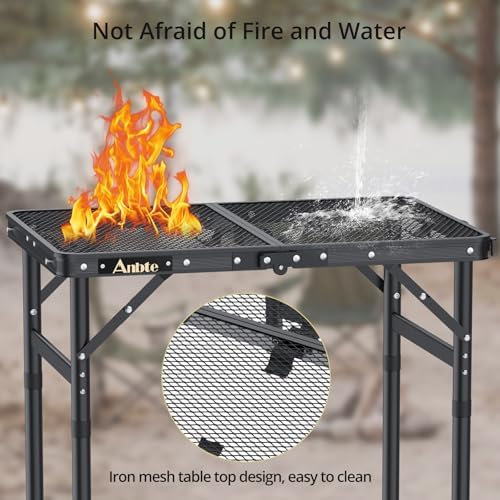 Anbte Folding Grill Table, Aluminum Camping Table Adjustable Height Max 27.5" Picnic Table Outdoor Table, Lightweight, Portable Handle for Travel Cooking BBQ Picnic, 22.8" x 16", Black