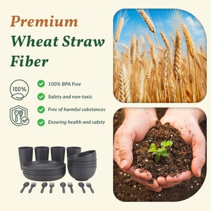 Wheat Straw Dinnerware Sets, Homienly 20pcs Unbreakable Microwave Dishwasher Safe Tableware Lightweight Bowls, Cups, Plates Set Reusable Dinner Plates Bowls set (Dark Grey)