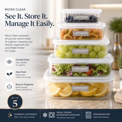 Lustroware Micro Clear Food Storage Containers with Lids – Set of 5 BPA-Free Nesting Canisters, Space-Saving Clear Tritan Body, Shatterproof, Stackable, Dishwasher & Microwave Safe, Made in Japan