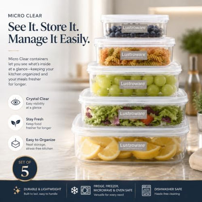 Lustroware Micro Clear Food Storage Containers with Lids – Set of 5 BPA-Free Nesting Canisters, Space-Saving Clear Tritan Body, Shatterproof, Stackable, Dishwasher & Microwave Safe, Made in Japan