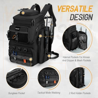 Goture Fishing Backpack with Cooler,55L 900D Tackle Backpack & Rod Holders