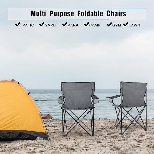 HaSteeL Camping Chair for Adults, Folding Beach Chair Set of 2, Large Foldable Portable Chair for Outdoors Fishing, Hiking, Sporting, Travel, Picnic, Lawn, Hold 275lbs & A Storage Bags (Grey)