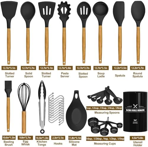 Umite Chef Kitchen Cooking Utensils Set, 33 pcs Non-Stick Silicone Cooking Kitchen Spatula Set with Holder, Wooden Handle Silicone Kitchen Gadgets Utensil Set (Black)