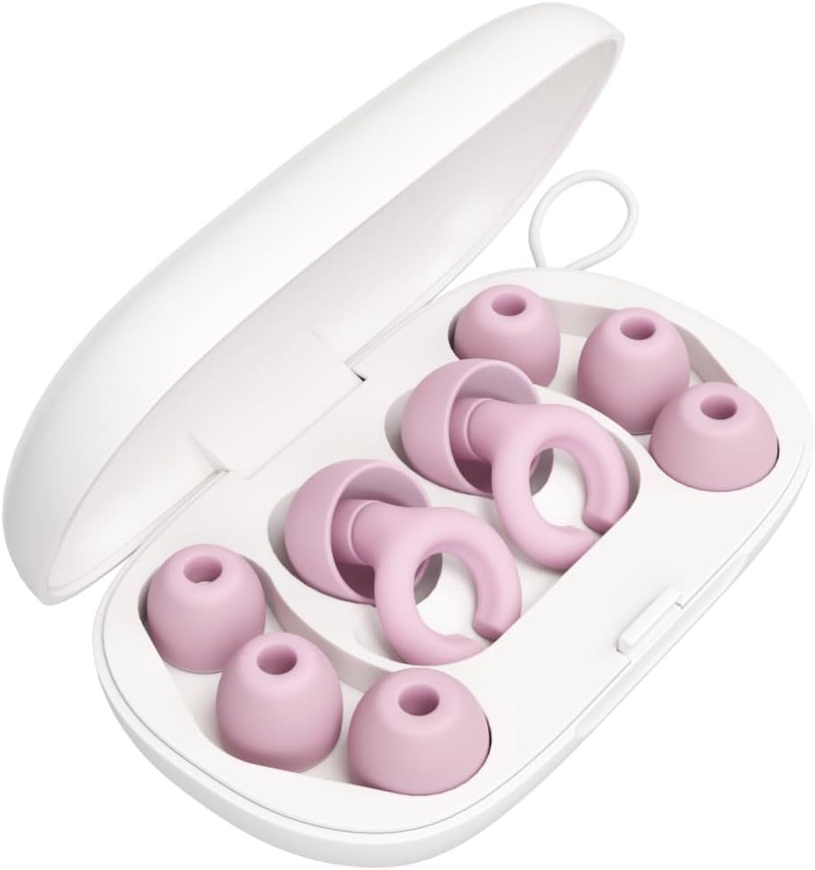 Ear Plugs, Reusable Soft Silicone Plugs with Horseshoe Shape for Comfort, Designed for Sleep and Loud Noises, 17dB (NRR) Noise Reduction Rating, Pink, 1 Pair with Portable Travel Case