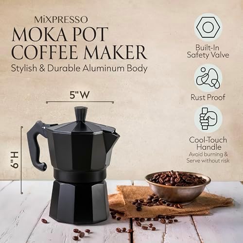 Mixpresso 3 Cup Moka Pot Stovetop Espresso Maker, Italian Cuban Coffee Pot