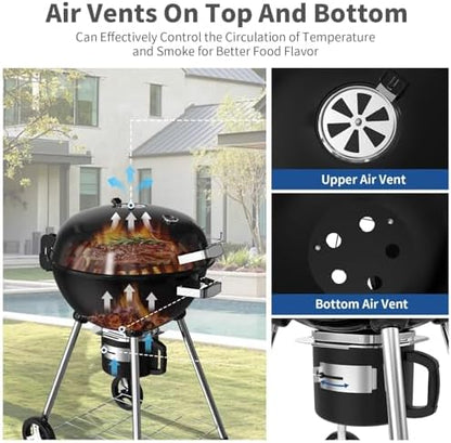 22.5-Inch Portable Charcoal Grill, Heavy Duty Kettle BBQ Smoker with Built-in Thermometer & Removable Water-Rinsable Ash Catcher for Outdoor Camping, Patio, Backyard, and Tailgating