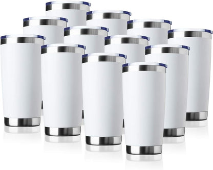 20oz Tumbler Bulk Stainless Steel Vacuum Insulated Tumblers with Lid Double Wall Travel Mug, Durable Powder Coated Coffee Cup, Suitable for Ice Drinks and Hot Beverage (White 12pack)