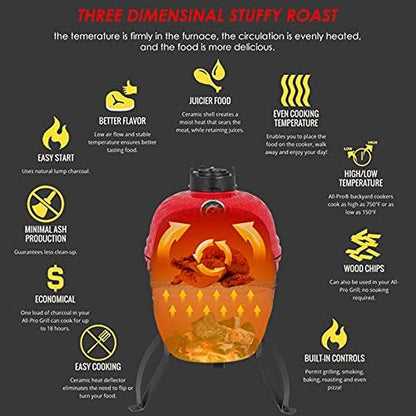 13" Portable Round Ceramic Charcoal Grill,Outdoor Barbecue Smoker,Heavy Duty Outdoor BBQ Grill,Vertical Camping Barbecue Grill,with Built-in Thermometer,for Garden Patio Beach Backyard (Orange)