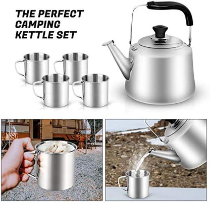 Odoland 3.8Qt Stainless Steel Camping Tea Kettle Set with 4 Cups