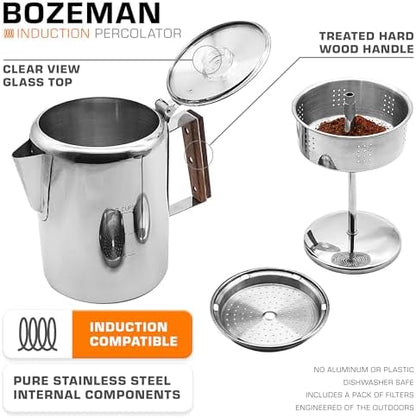 COLETTI Bozeman Induction Coffee Maker — Percolator Coffee Pot, Coffee Percolator – Brews 3 Kinds of Ways: Fire, Stovetop, & Induction (9 Cup)