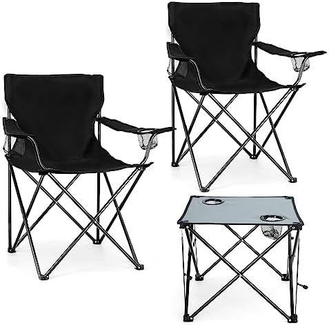 Leonyo 2Pcs Folding Camping Chairs for Adults, Lawn Chairs & Table, Black