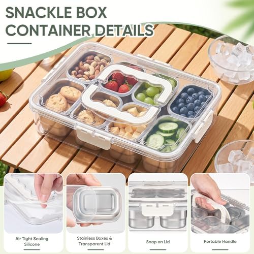 E-far Snackle Box Container, Stainless Steel Divided Serving Tray with Lid
