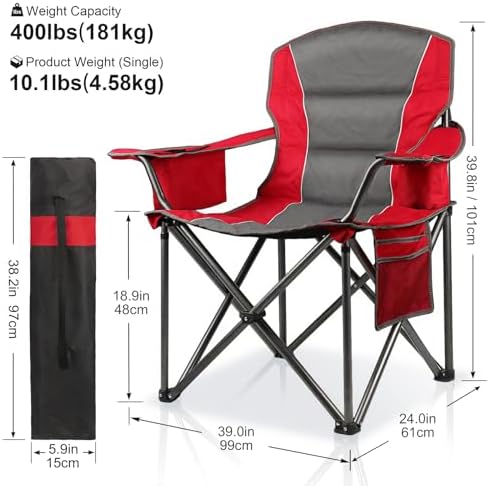 Oversized Padded Camping Chairs for Adults,Heavy Duty Support 400 Lbs,Folding Portable Lawn Chair w/Cup Holder,Cooler Bag,Side Pocket,Perfect for Outdoor Picnic,Hiking(Red)