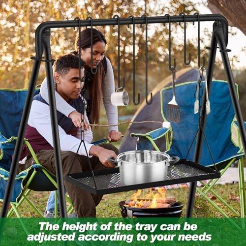 Rossesay Grill Swing Campfire Stand Campfire Cooking Equipment Adjustable Camping Accessories Cookware Hanging Rack with 8 Hooks and Portable Grill Stand for BBQ Picnic Outdoor Party