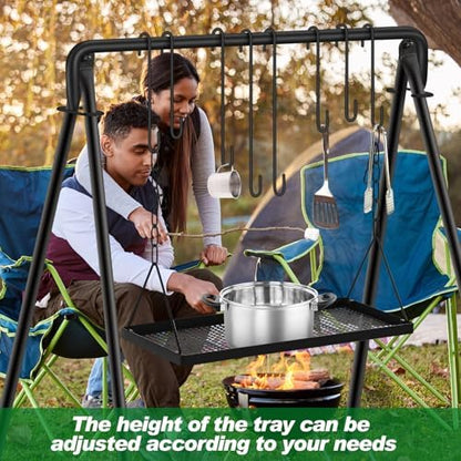 Rossesay Grill Swing Campfire Stand Campfire Cooking Equipment Adjustable Camping Accessories Cookware Hanging Rack with 8 Hooks and Portable Grill Stand for BBQ Picnic Outdoor Party