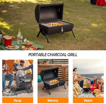 VINGLI Portable Charcoal Grill with Thermometer & Wooden Handle, Multi-functional Metal Compact Tabletop BBQ Outdoor Charcoal Grill for Camping Travel Picnic Patio