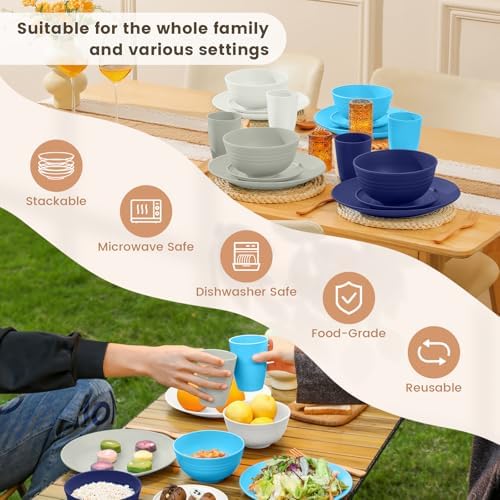 Homienly Premium Wheat Straw Dinnerware Sets, Plates and Bowls Sets,Cups,Alternative to Plastic Plates Service for 4, Dishwasher and Microwave Safe 16 PCS Dish Sets for Home,Camping - Island