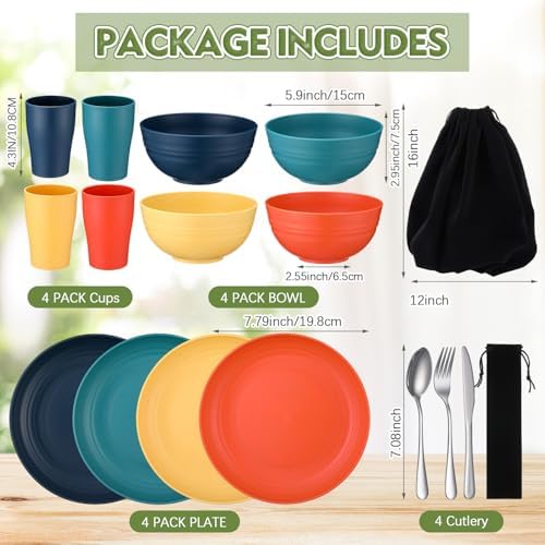 Teenyyou 4 Sets Camping Mess Kits for 4 Person Camping Silverware Set Include Cup, Bowl, Plate, Knife, Spoon, Fork Cutlery Set Unbreakable Wheat Straw Dinnerware Utensils for Travel