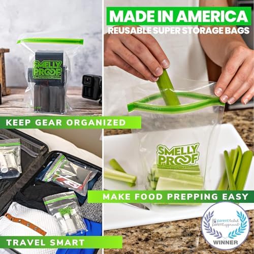 Smelly Proof 25 x Expandable Stand & Fill REUSABLE Storage Bags for Food Designed & Mfg in US, BPA FREE, NO PEVA, Reusable Sandwich Bags, Dishwasher-Safe, Clear 3 mils STAND UP 6.5" x 7.5" - 25pk