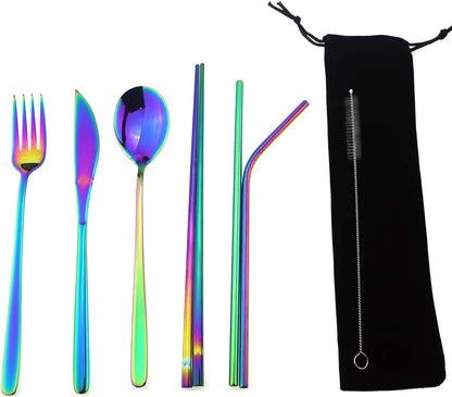 7 Pcs Portable Flatware Set, 304 Stainless Steel Cutlery Set Travel Utensils Set with Fork Spoon Chopsticks Straws for Travel Camping Office School, Dishwasher Safe & Eco-Friendly (Rainbow)
