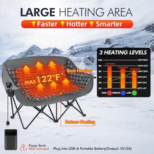 Heated Double Camping Chair - Heated Loveseat Padded Chairs for 2 Person