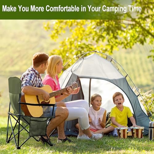 2PCS Folding Camping Collapsible Chairs Heavy Duty Lawn Chair with Cooler Bag, Storage Pocket, Waterproof Bag Outdoor Arm Chair, Supports 225LBS, Green
