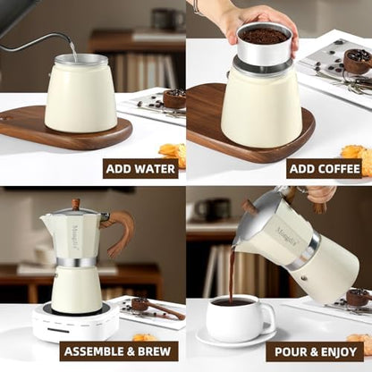 Mongdio Stovetop Espresso Maker Moka Pot, Cuban Coffee Maker Stove top coffee maker Moka Italian Espresso Greca Coffee Maker Brewer Percolator, 9 Espresso Cups, 15 oz - White