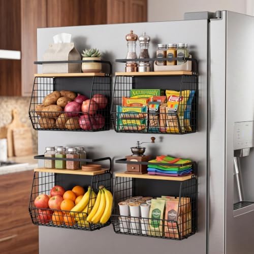 Ofiray-home Magnetic Shelf for Fridge with Wood Lid, Fruit Potato and Onion Storage Bins, Pantry Organizers & Storage, Large Container Magnetic Spice Rack for Refrigerator, Kitchen Counter, Cabinet