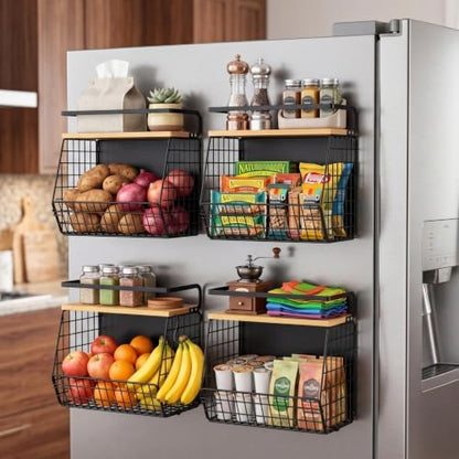 Ofiray-home Magnetic Shelf for Fridge with Wood Lid, Fruit Potato and Onion Storage Bins, Pantry Organizers & Storage, Large Container Magnetic Spice Rack for Refrigerator, Kitchen Counter, Cabinet