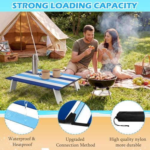 CroBlissful Beach Table Folding Camping Portable Table Striped White Aluminum Side with Carry Bag for Summer Camping Picnics and Outdoor Activities(22x16x5 in,Navy Blue)