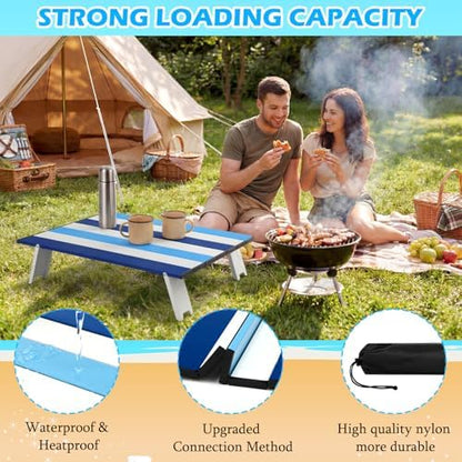 CroBlissful Beach Table Folding Camping Portable Table Striped White Aluminum Side with Carry Bag for Summer Camping Picnics and Outdoor Activities(22x16x5 in,Navy Blue)