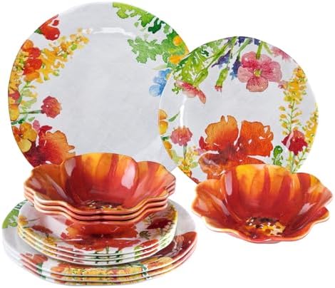 UPware 12 Piece Floral Melamine Dinnerware Sets, Outdoor Dishes Set, Plates and Bowls Sets, Service for 4, Multicolor