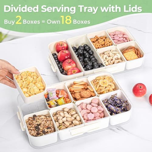 LUXEAR 2Pack 8-Compartment Snackle Box - Airtight Leakproof Divided Food Tray with Lid & Handle, BPA-Free Dishwasher Safe for Picnic, Fridge, Travel, Party, Ideal for Charcuterie & Food Storage