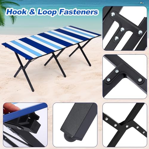 CroBlissful Beach Table Folding Camping Portable Table Striped White Aluminum Side with Carry Bag for Summer Camping Picnics and Outdoor Activities(48x24x18 in,Navy Blue)
