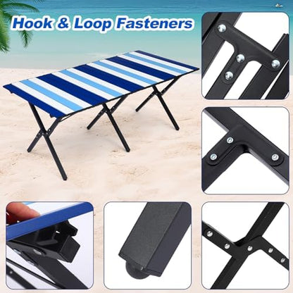 CroBlissful Beach Table Folding Camping Portable Table Striped White Aluminum Side with Carry Bag for Summer Camping Picnics and Outdoor Activities(48x24x18 in,Navy Blue)