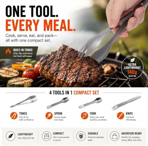 Camping Cutlery Set with Built-in Tongs, 4-in-1 Camping Utensils, Spoon Fork Knife Combo, Compact Stainless Steel Flatware for Camping, Backpacking, Hiking, Picnic, RV & Trave (2-Pack)