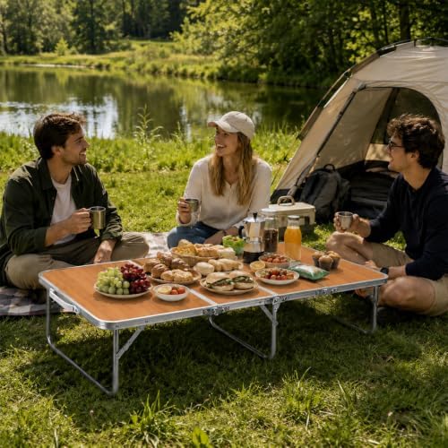 Moosinily Small Camping Table 4FT Folding Picnic Table Foldable Low Camp Table Portable Short Aluminum Outdoor Short Floor Beach BBQ Travel Yellow 47.2×15.7 inch