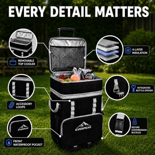 72-Can Large Collapsible Soft Cooler with Wheels, Insulated Leakproof Cooler Bag with Handle, Removable Lunch Box Top, All-Terrain Wheels, Portable Cooler for Beach, Camping, Picnic, Travel