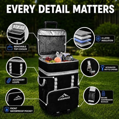 72-Can Large Collapsible Soft Cooler with Wheels, Insulated Leakproof Cooler Bag with Handle, Removable Lunch Box Top, All-Terrain Wheels, Portable Cooler for Beach, Camping, Picnic, Travel